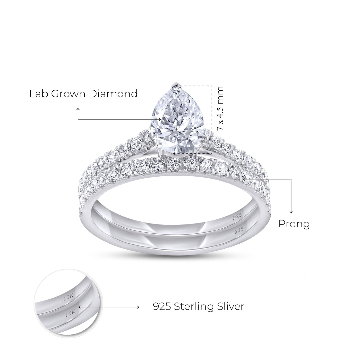 Lab Grown Diamond Pear And Round Shape Teardrop Bridal Ring Set In 14k White Gold Over Sterling Silver
