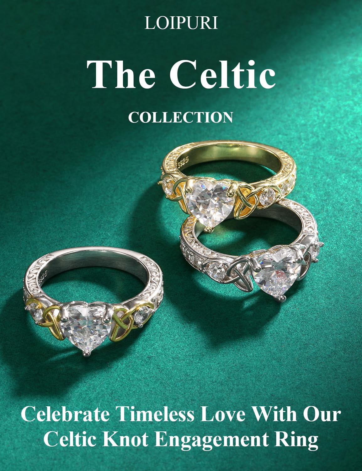 LOIPURI 2CT Heart-Shaped Emerald Moissanite Celtic Knot Ring (925 Sterling Silver)