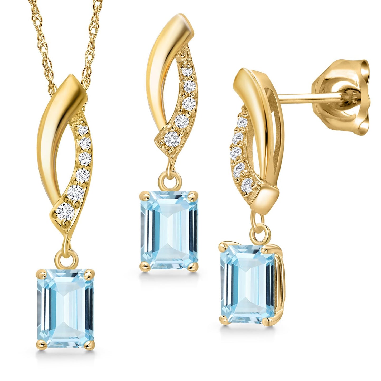 Gem Stone King 10K Yellow Gold Sky Blue Aquamarine & Lab Grown Diamond Jewelry Set