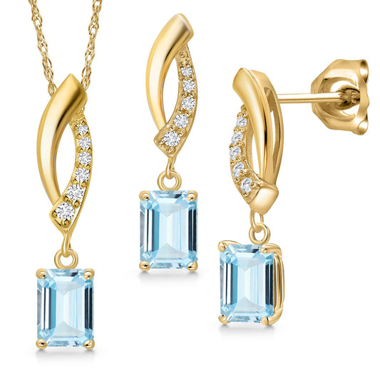 Gem Stone King 10K Yellow Gold Sky Blue Aquamarine & Lab Grown Diamond Jewelry Set