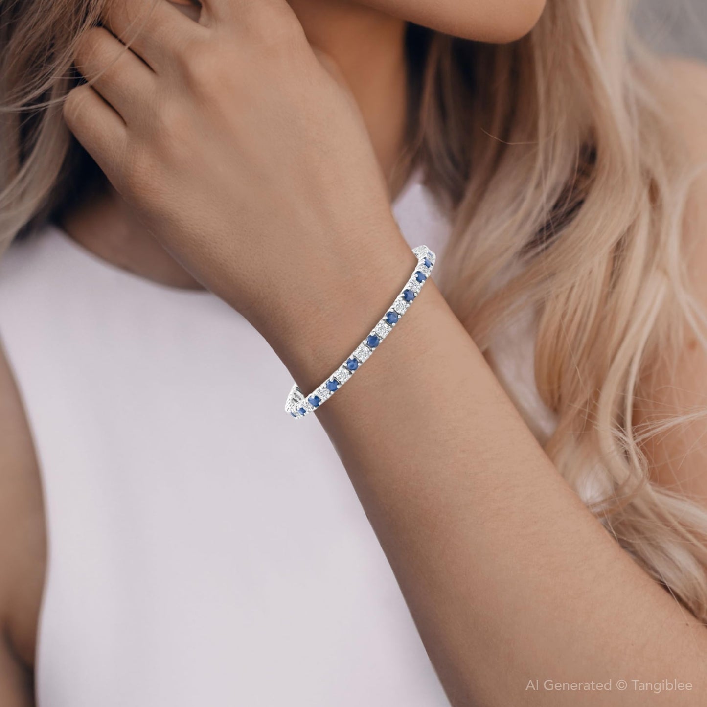Pompeii 8 Ct Blue Sapphire & Diamond Tennis Bracelet 14k White Gold
