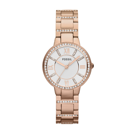 Fossil Women's Watch, Virginia Quartz Stainless Steel Three-Hand Watch for Women, Color: Rose Gold Glitz