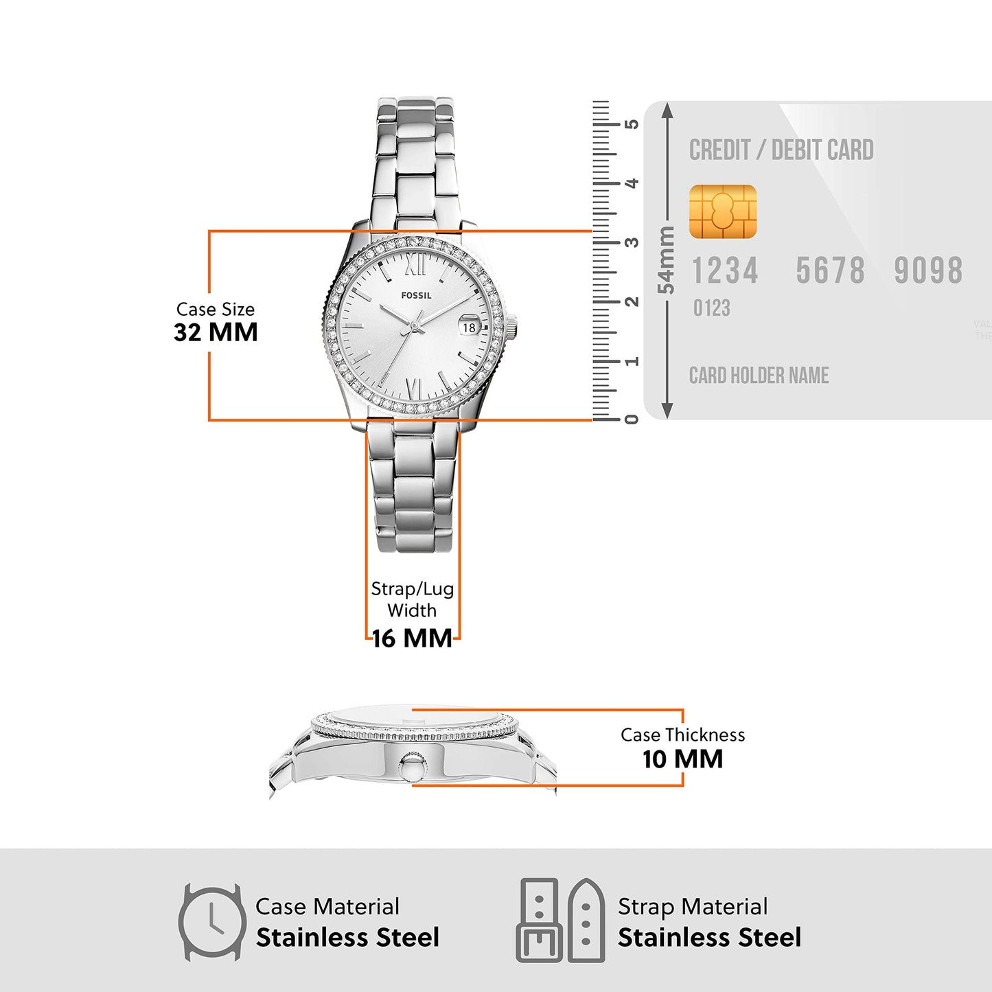 Fossil Women's Watch, Scarlette Quartz Stainless Steel Three-Hand Watch for Women, Color: Silver Glitz