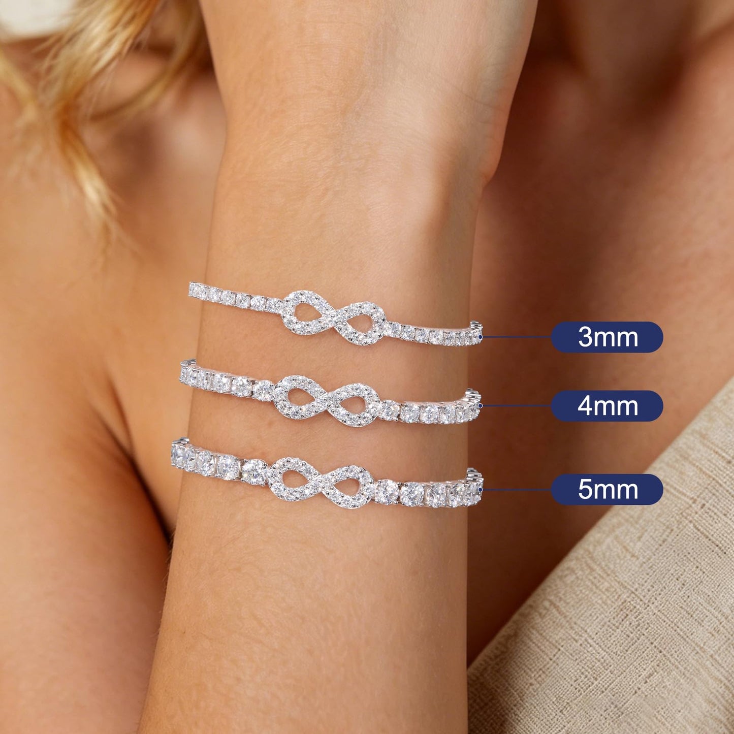 Moissanite Infinity Bracelet, Lab Created Diamond Bracelets for Women, S925 Sterling Silver, 3MM Width, 4-9.5inches, 18K Gold Vermeil Adjustable Tennis Bracelets- Birthday Gifts for Women Wife Her