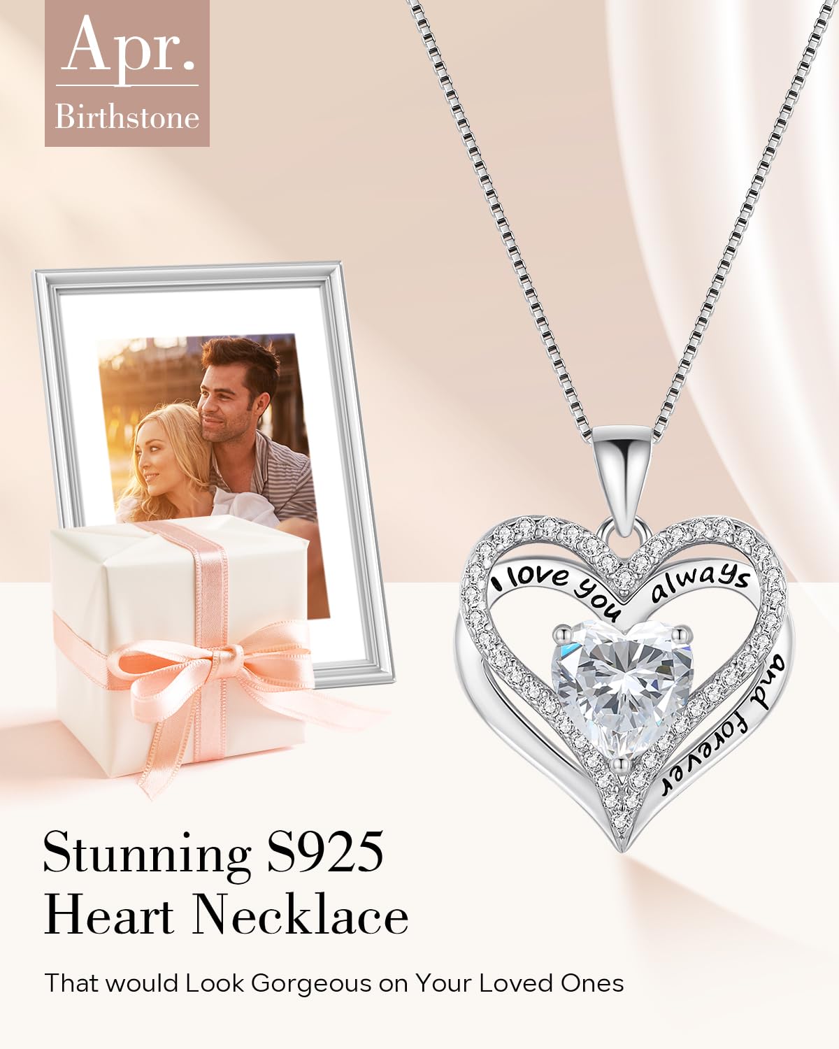 S925 Sterling Silver Necklace for Women, Birthday Necklaces Gifts for Wife Girlfriend, Wedding Anniversary Jewelry 18K White Gold Filled, Unique Love Gift for Her, April