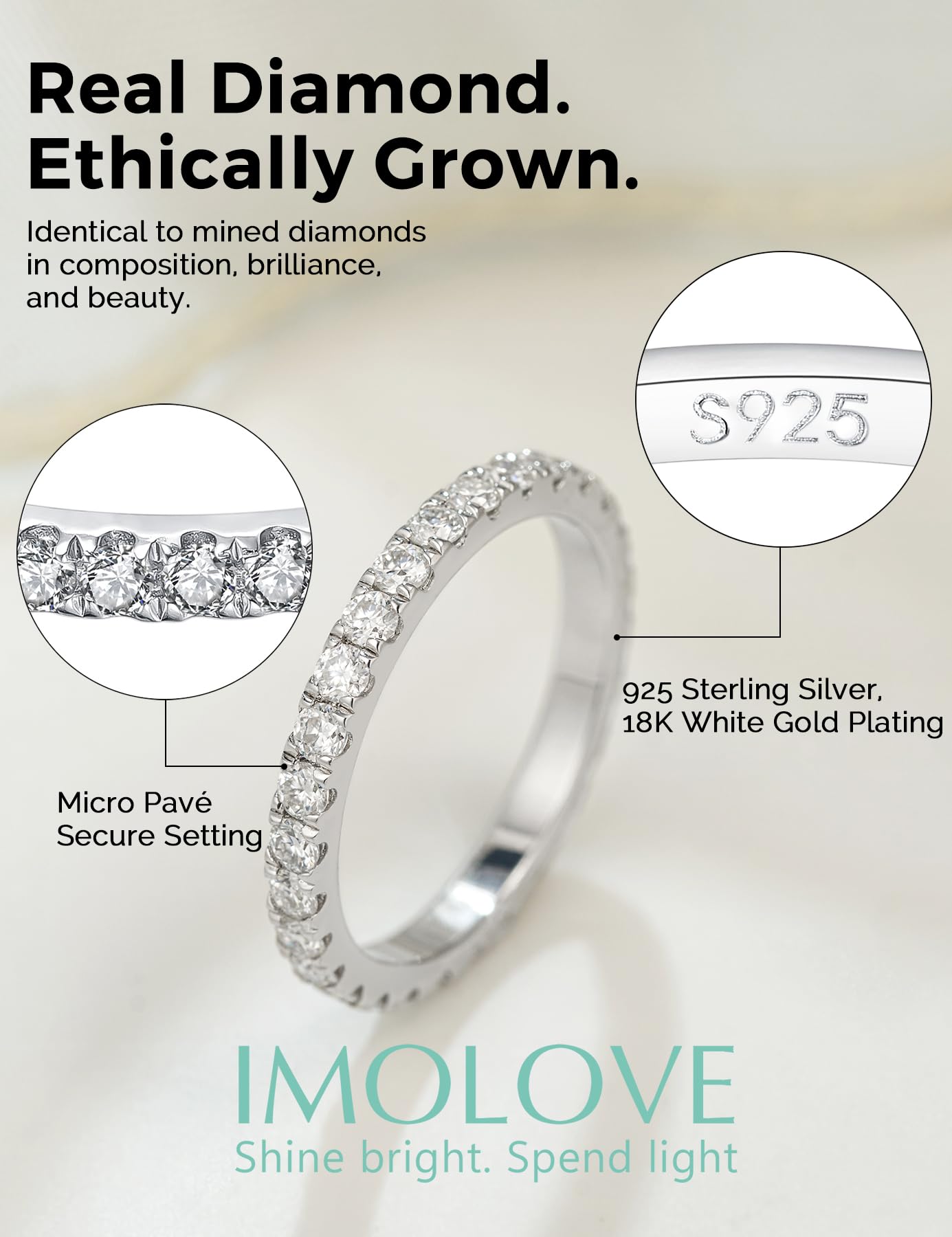 IMOLOVE Lab Grown Diamond Wedding Bands for Women, 1 Carat Thin Eternity Anniversary Rings in 18K White Gold Plated Sterling Silver Size 7
