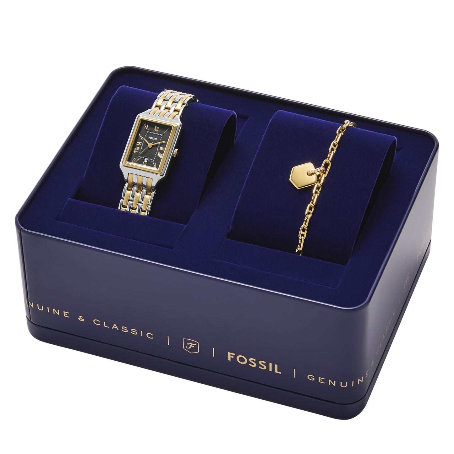 Fossil Women's Watch and Bracelet Set, Raquel Three-Hand Date Two-Tone Stainless Steel Watch for Women and Bracelet