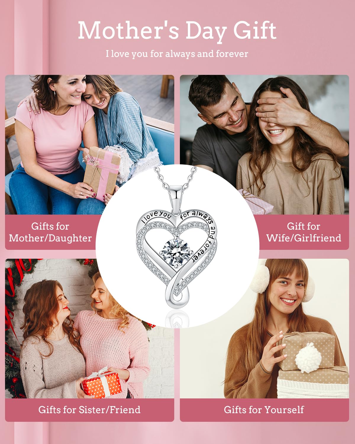Mkhhy Diamond Birthstone Infinity Heart Necklace for Women Anniversary for Her Wife Birthday Gift Ideas I love you Jewelry for Women Girlfriend S925 Silver Necklaces for Her Mom Daughter April