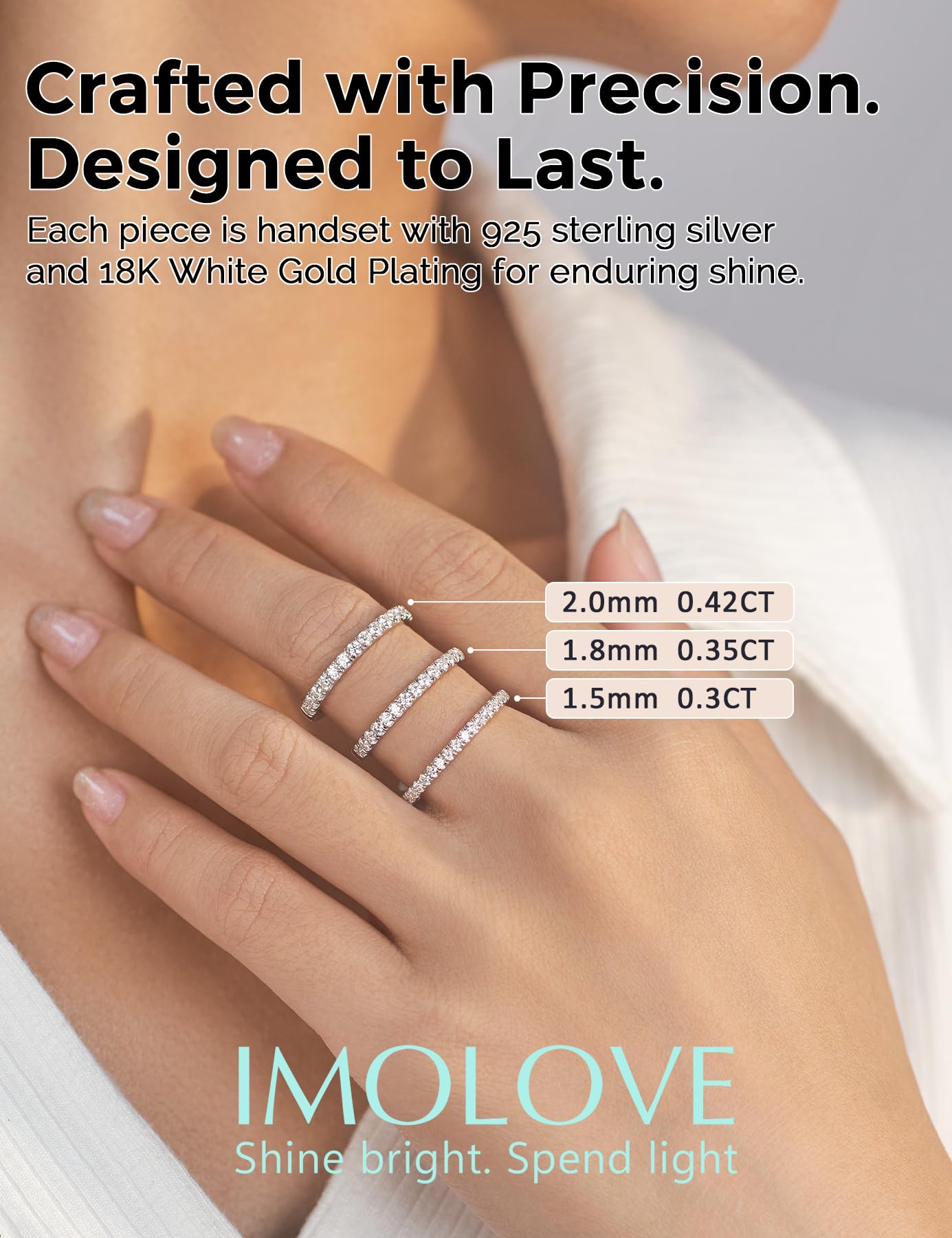 IMOLOVE Lab Grown Diamond Wedding Bands for Women, 0.42 Carat Eternity Rings in 18K White Gold Plated Sterling Silver Size 6