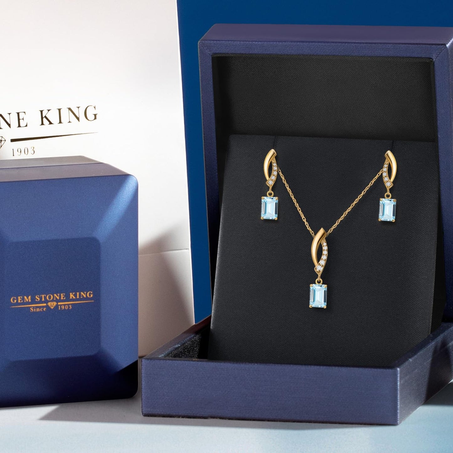 Gem Stone King 10K Yellow Gold Sky Blue Aquamarine & Lab Grown Diamond Jewelry Set
