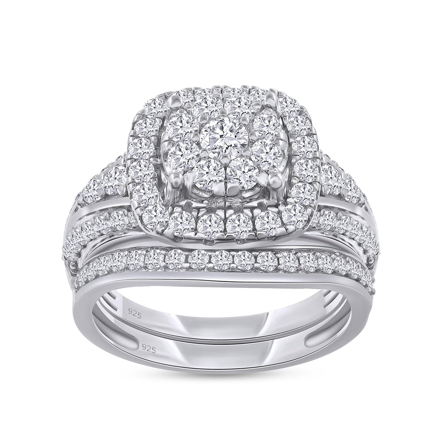 Double Halo Round Lab Grown Diamond Bridal Engagement Ring Set In 14k White Gold Plated Sterling Silver