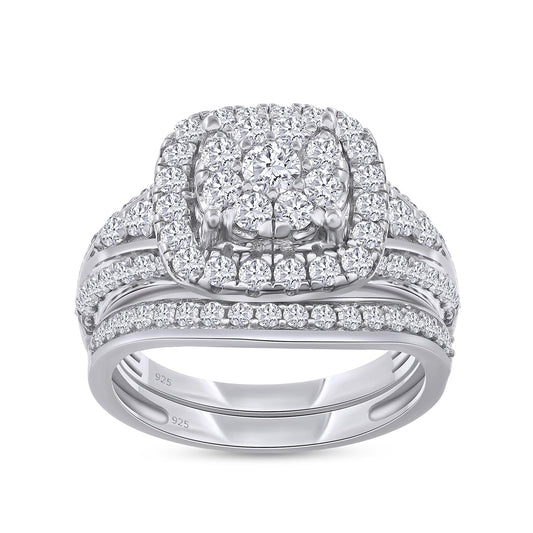 Double Halo Round Lab Grown Diamond Bridal Engagement Ring Set In 14k White Gold Plated Sterling Silver