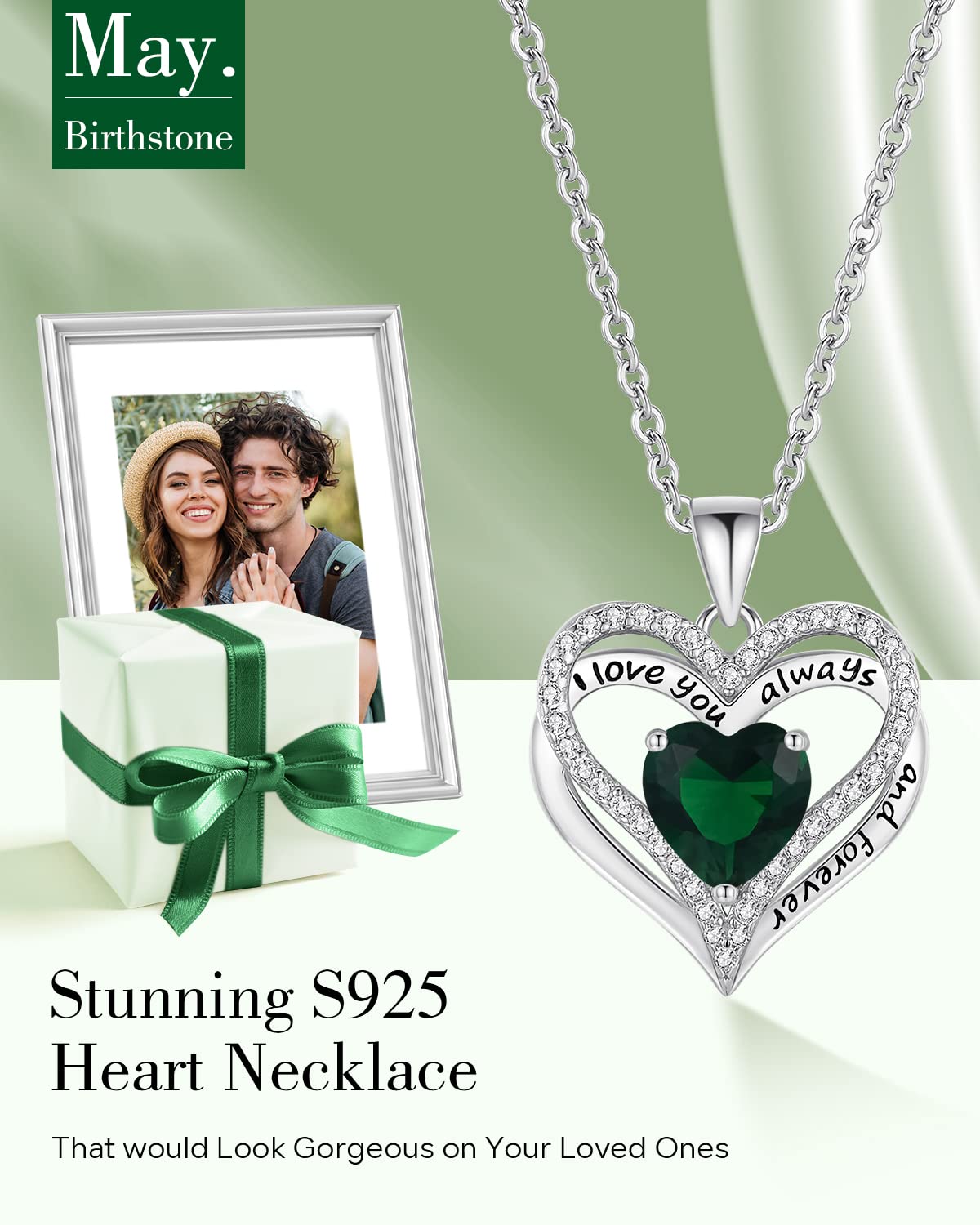 S925 Sterling Silver Necklace for Women, Birthday Necklaces Gifts for Wife Girlfriend, Wedding Anniversary Jewelry 18K White Gold Filled, Unique Love Gift for Her, May