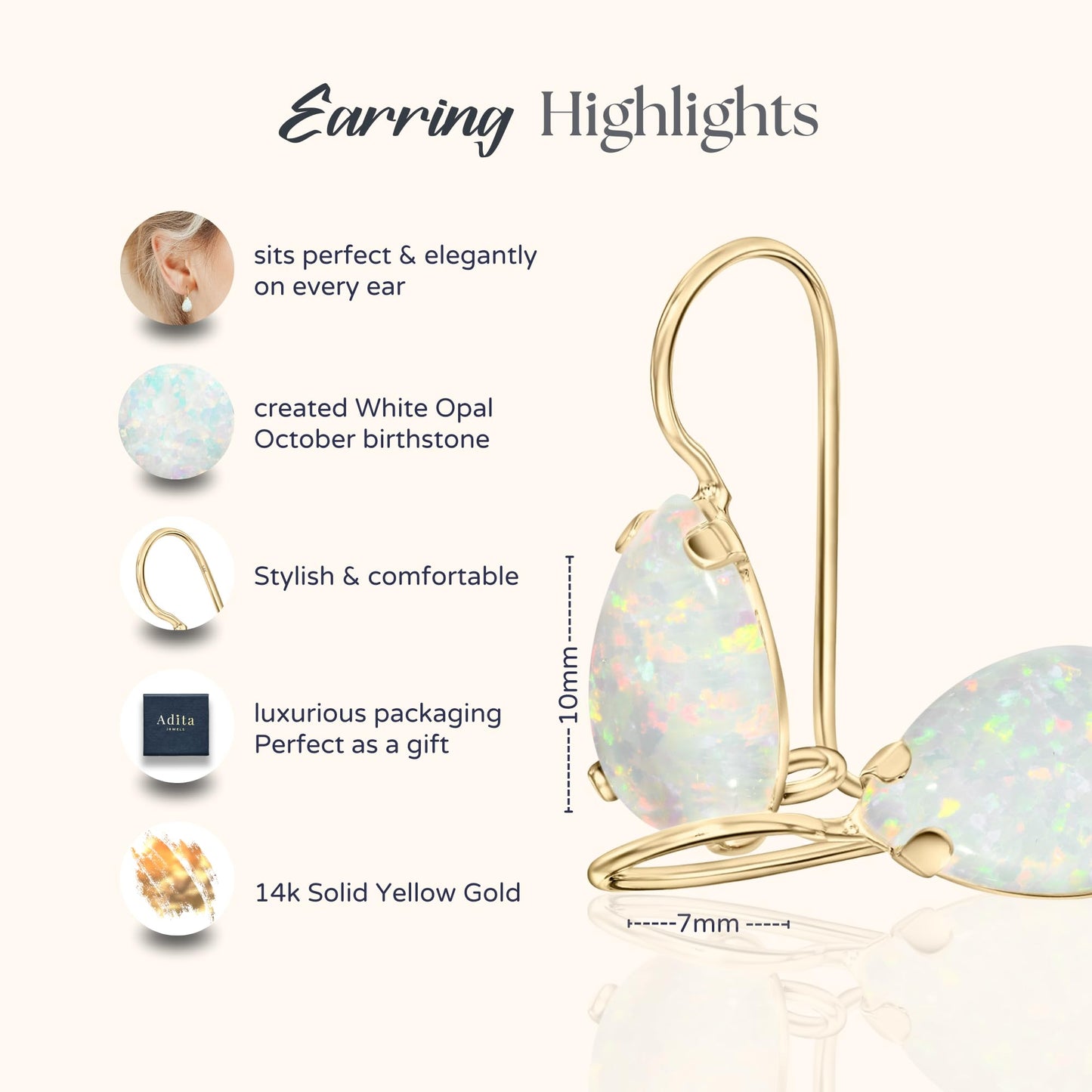 14K Solid Gold Natural Opal Earrings - Premium Birthday Gift for Her
