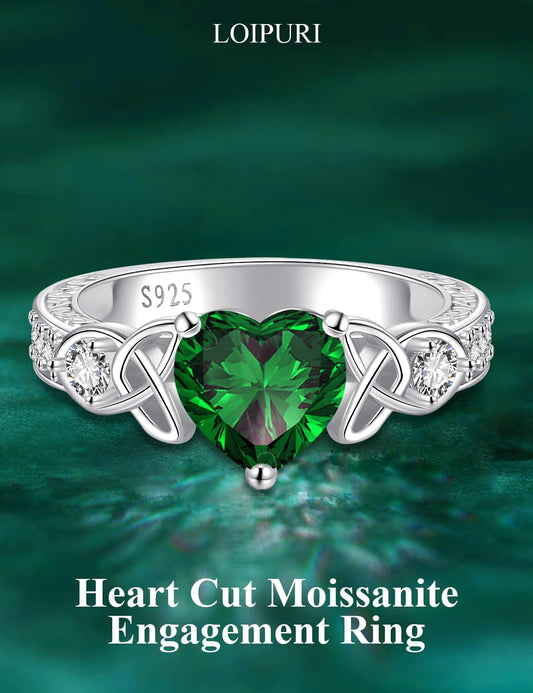 LOIPURI 2CT Heart-Shaped Emerald Moissanite Celtic Knot Ring (925 Sterling Silver)