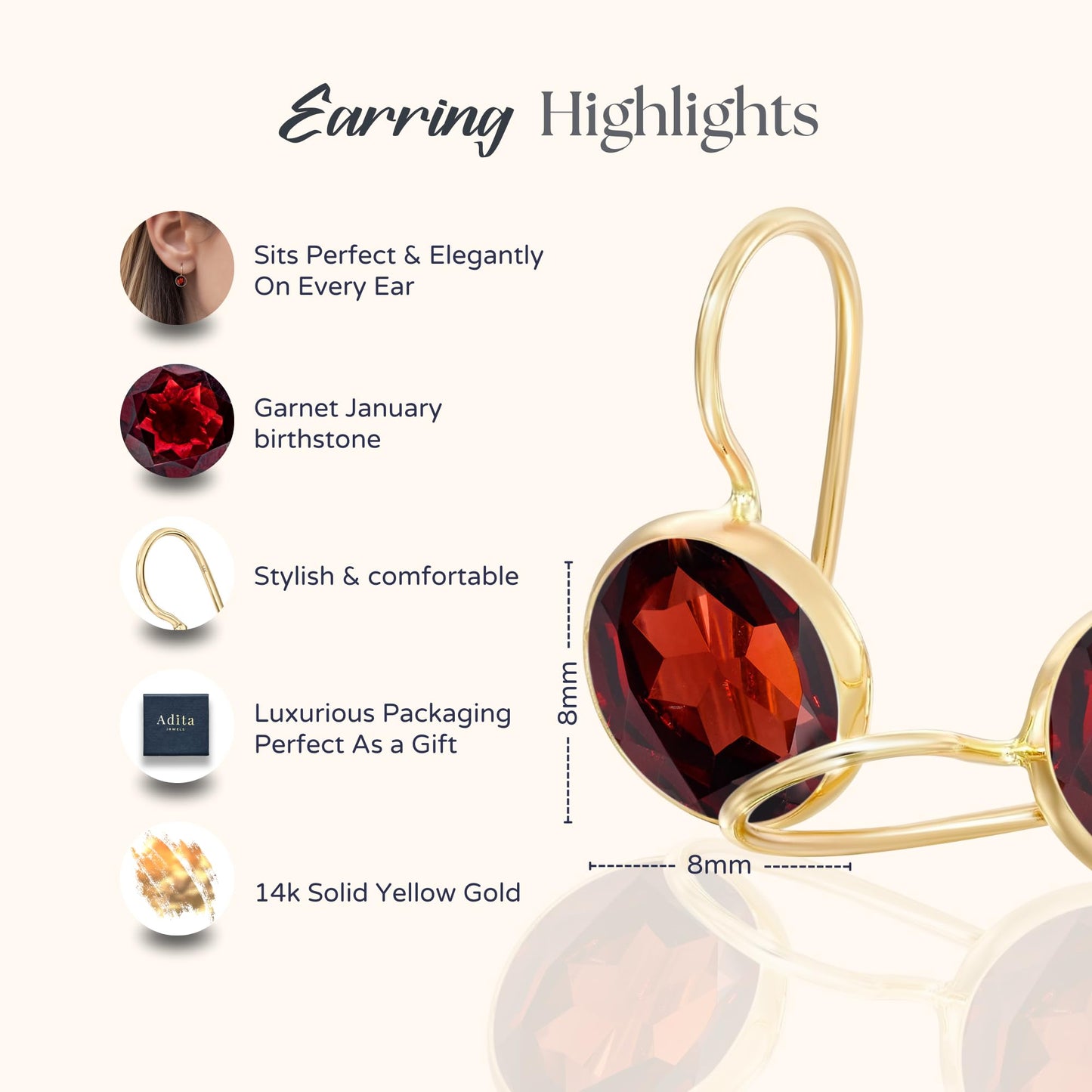 14K Solid Gold Garnet Dangle Earrings - Graduation Gift for Her