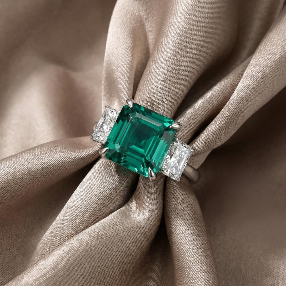 Pompeii 8Ct Asscher Cut Emerald & Diamond Ring 14k Gold or Platinum Lab Grown - Size 4 (F/G,VS1-VS2)