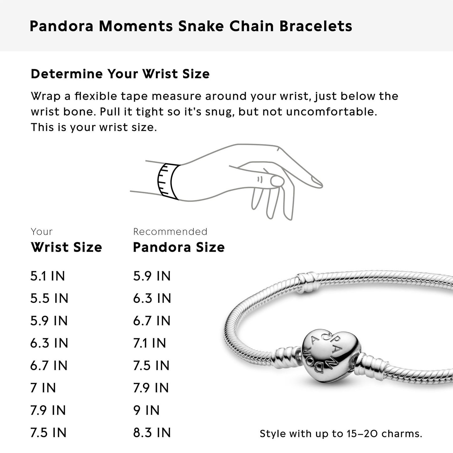 Pandora Moments Heart Clasp Snake Chain Sterling Silver Bracelet - 7.5"