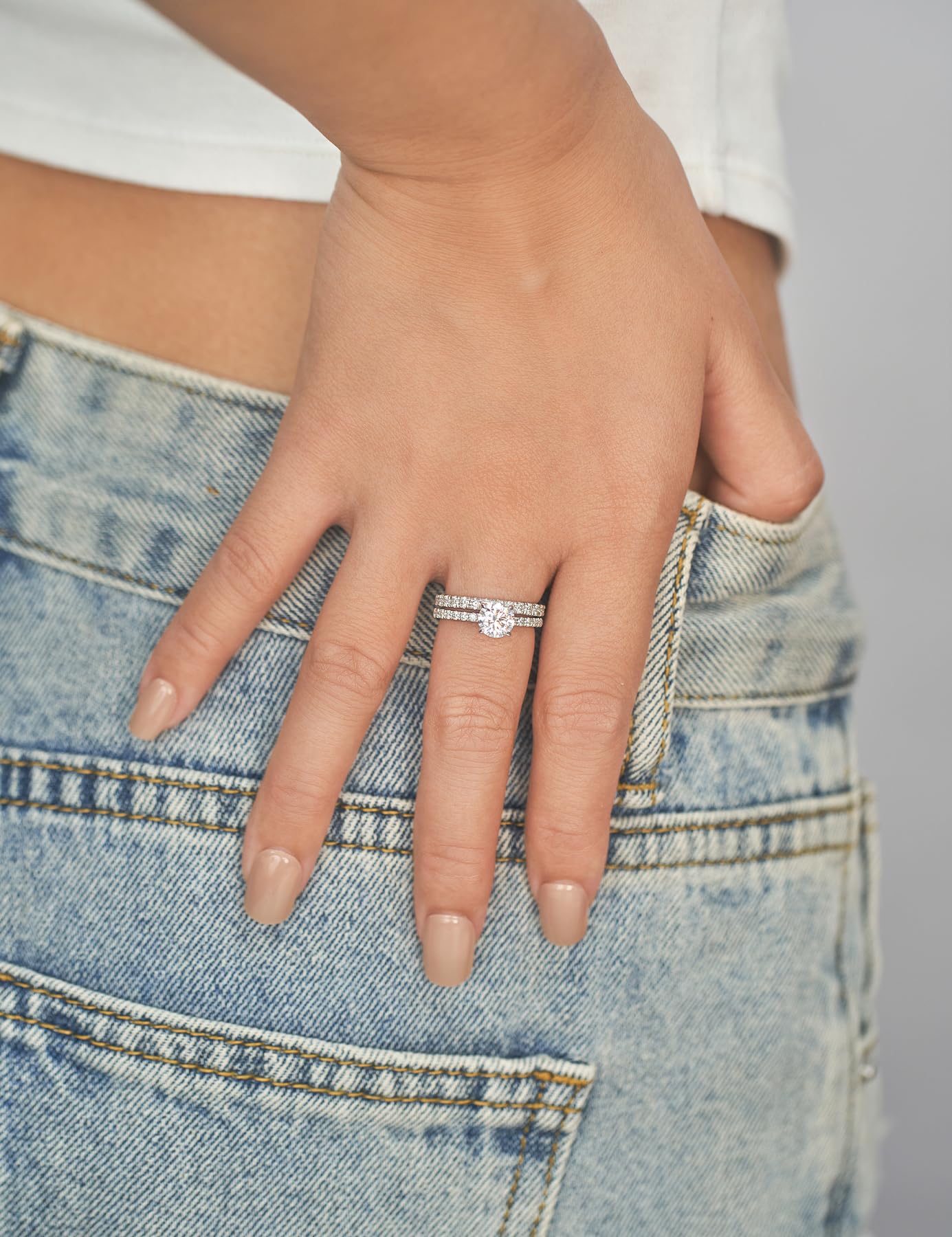 IMOLOVE Lab Grown Diamond Wedding Bands for Women, 1 Carat Thin Eternity Anniversary Rings in 18K White Gold Plated Sterling Silver Size 7