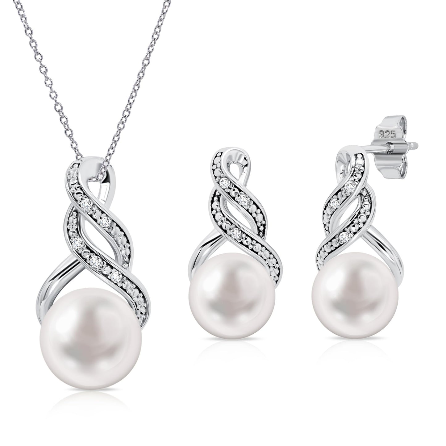 MAX + STONE 925 Sterling Silver Freshwater Cultured Pearl & Diamond Jewelry Set
