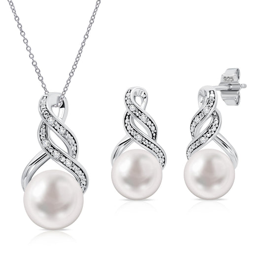 MAX + STONE 925 Sterling Silver Freshwater Cultured Pearl & Diamond Jewelry Set