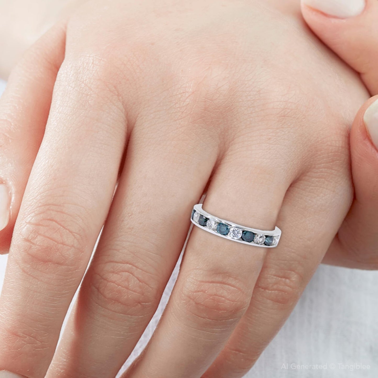 Pompeii 1Ct Channel Set Blue & White Diamond Ring 14K White Gold Lab Grown - Size 9 (G/H,VS)