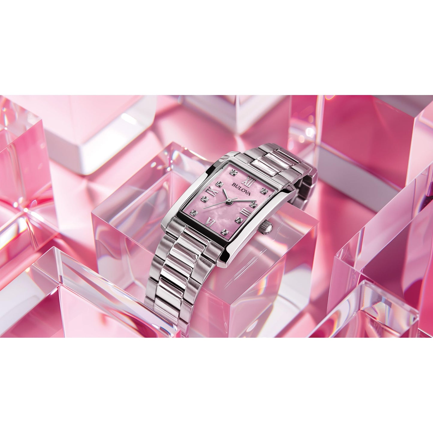 Bulova Ladies Classic Diamond Silver Tone Rectangular Watch 96P258