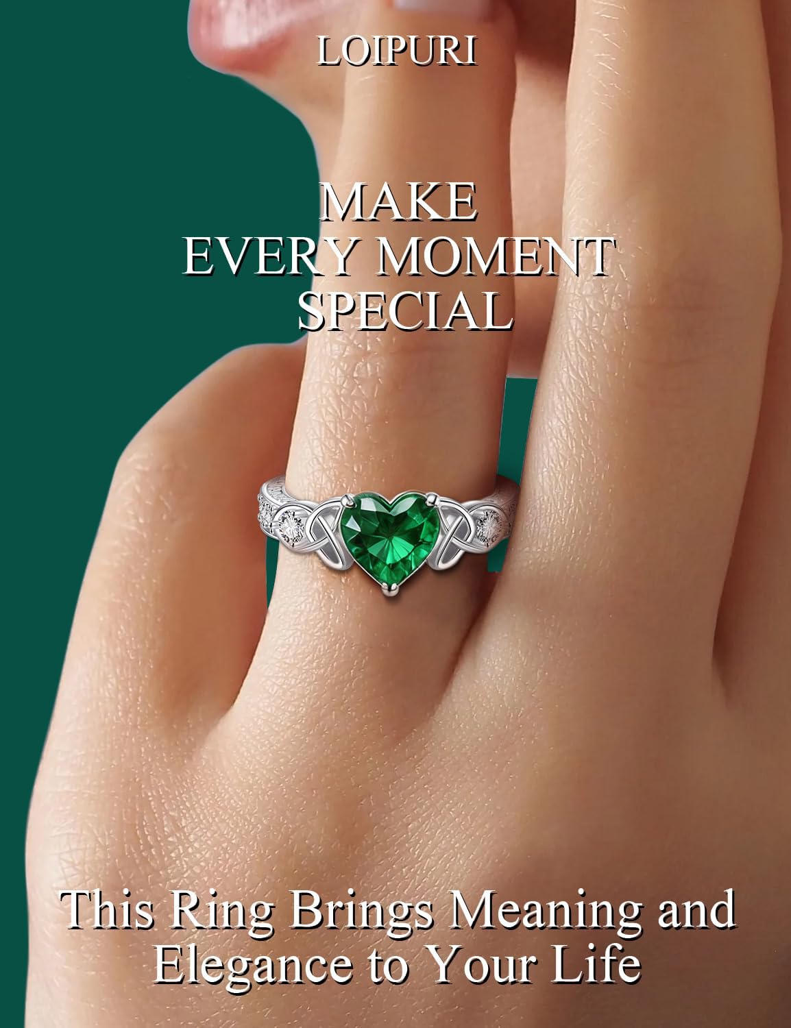 LOIPURI 2CT Heart-Shaped Emerald Moissanite Celtic Knot Ring (925 Sterling Silver)