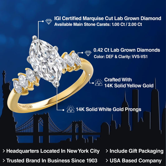 Gem Stone King 14K Two-Tone Gold IGI Certified Marquise Lab-Grown Diamond Engagement Ring