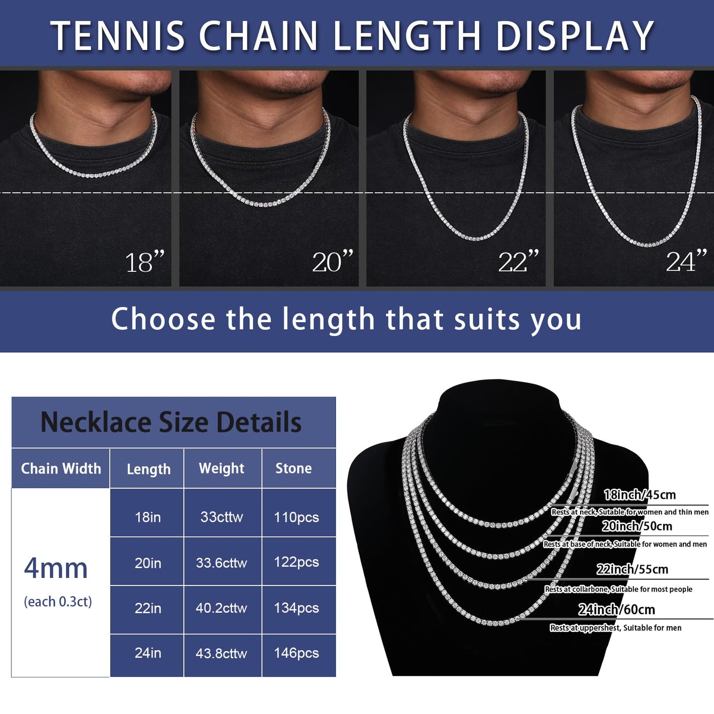 TUHE D Color VVS1 Moissanite Tennis Necklace (13.9CT - 18 Inch)