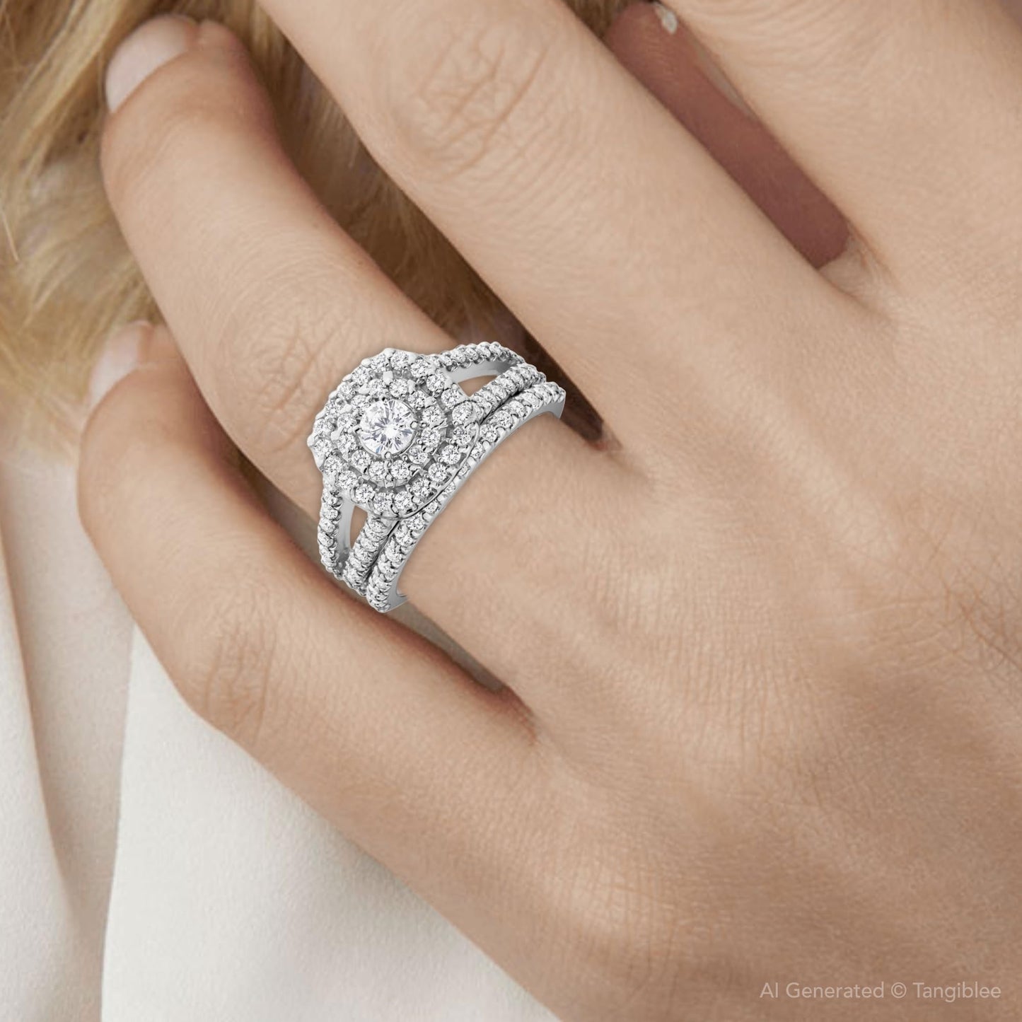 Pompeii 1 1/10ct Cushion Halo Diamond Engagement Wedding Ring Set 10K White Gold Carat - Size 9.5