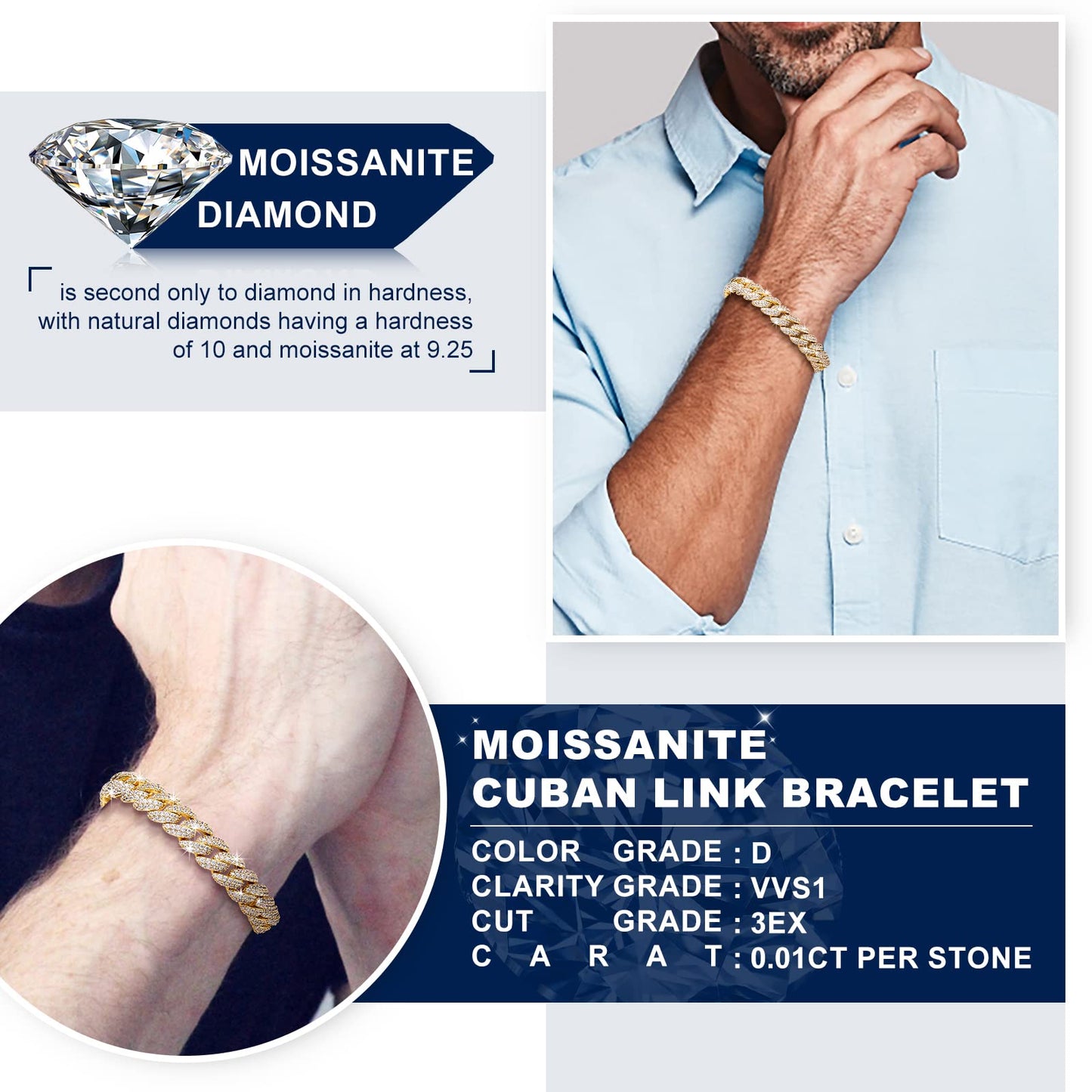 TUHE GRA Certified Moissanite Cuban Link Bracelet (6mm - 18K Gold)