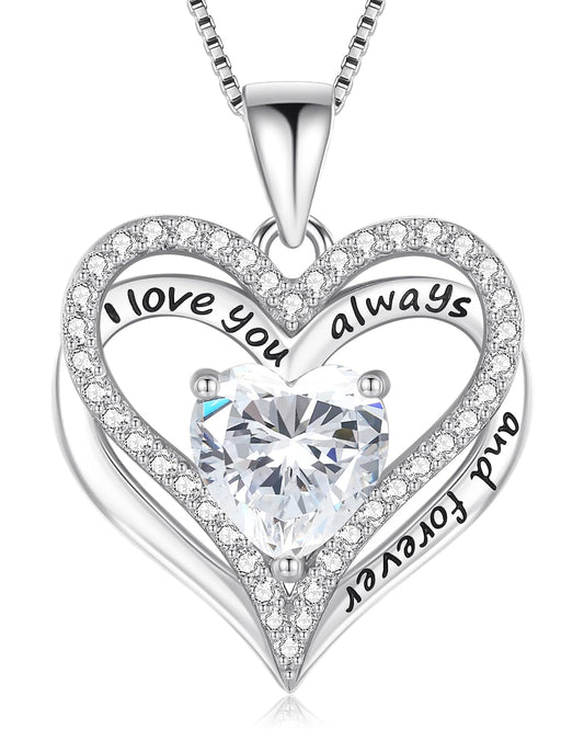 S925 Sterling Silver Necklace for Women, Birthday Necklaces Gifts for Wife Girlfriend, Wedding Anniversary Jewelry 18K White Gold Filled, Unique Love Gift for Her, April