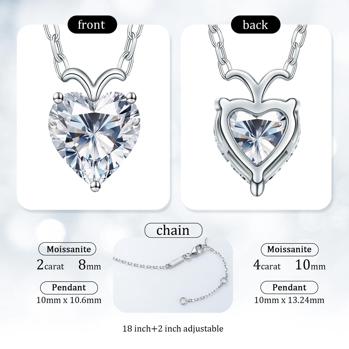 Fullove 4 Carat Heart Moissanite Silver Necklace - Romantic Gift for Her
