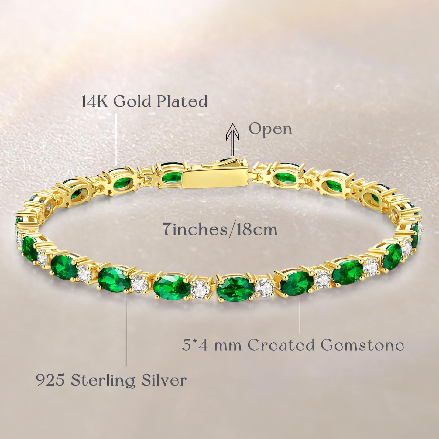 FANCIME 14K Gold Plated Tennis Bracelet May Birthstone Bracelets Sterling Silver Created Emerald Gold Bracelet Fine Jewelry Gift for Women 7 inches