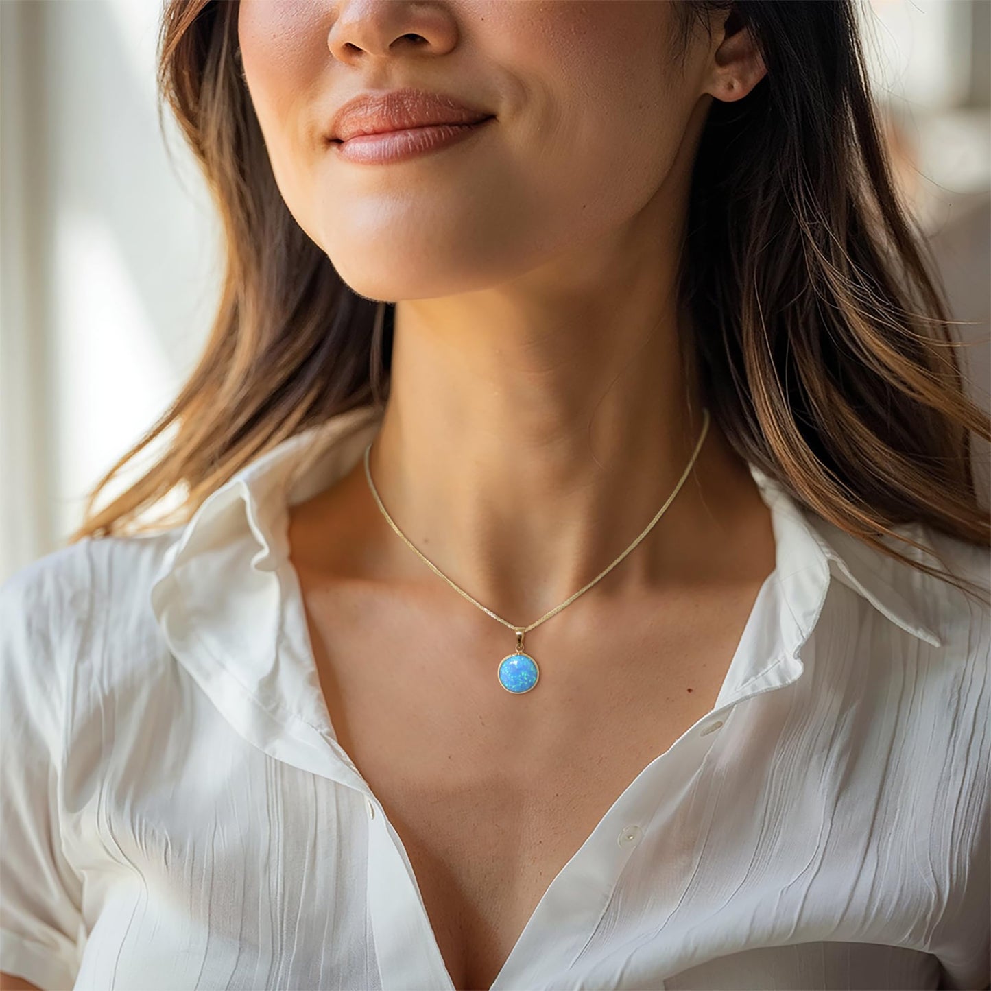 14K Solid Gold Blue Opal Necklace - Elegant Wedding Gift for Her
