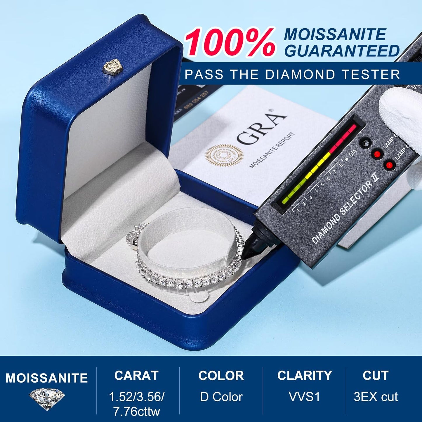TUHE GRA Certified Adjustable Moissanite Tennis Bracelet (8.69CT)