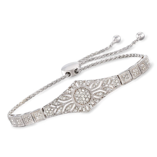 Ross-Simons 0.50 ct. t.w. 111-Diamond Floral Openwork Adjustable Bolo Bracelet in Sterling Silver