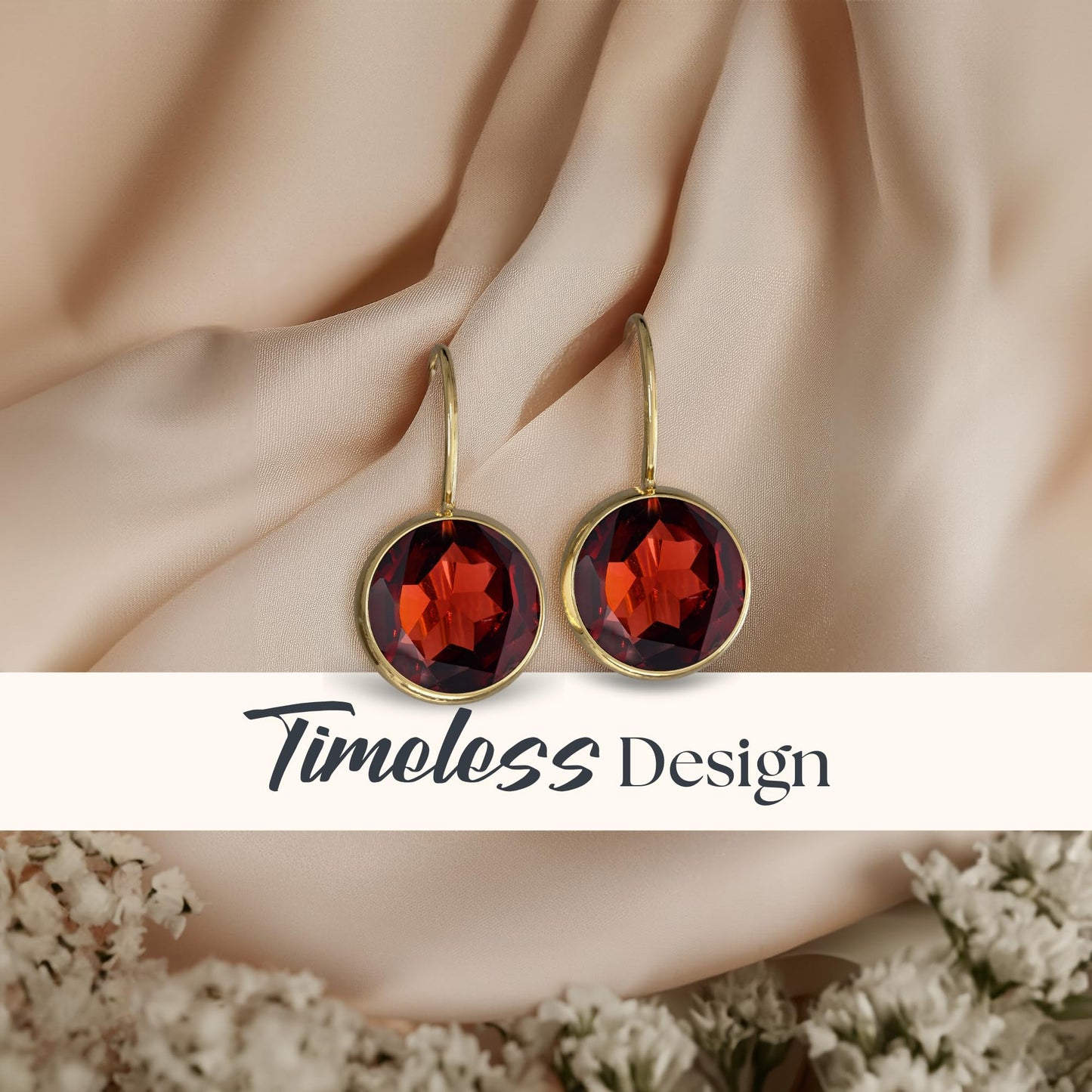 14K Solid Gold Garnet Dangle Earrings - Graduation Gift for Her