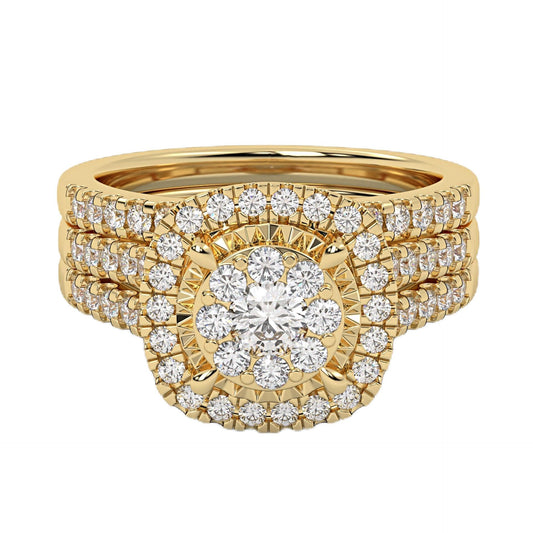 Halo Round Lab Grown Diamond Bridal Engagement Ring Set In 14k Yellow Gold Over Sterling Silver