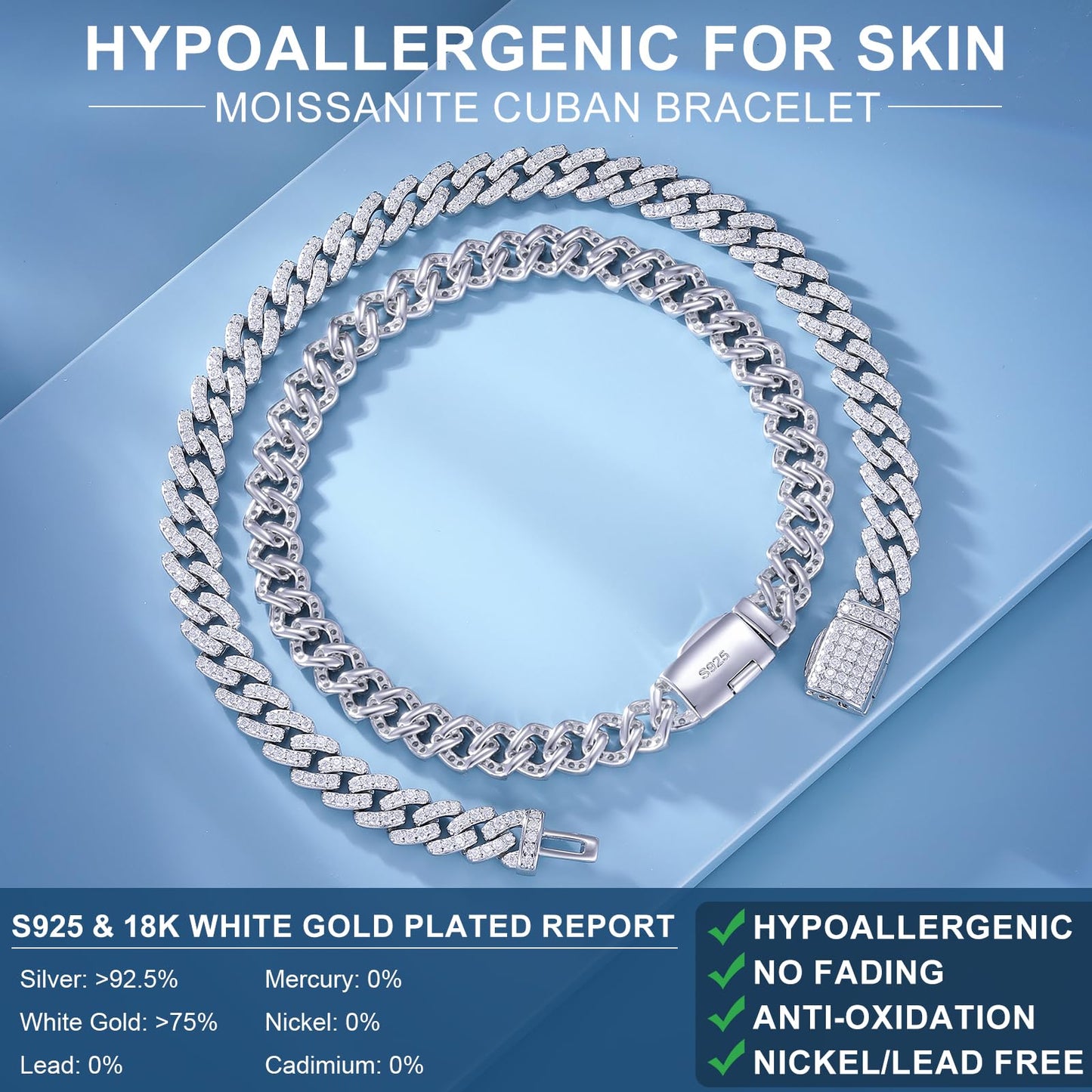 TUHE GRA Certified Moissanite Cuban Link Bracelet for Men (6mm)