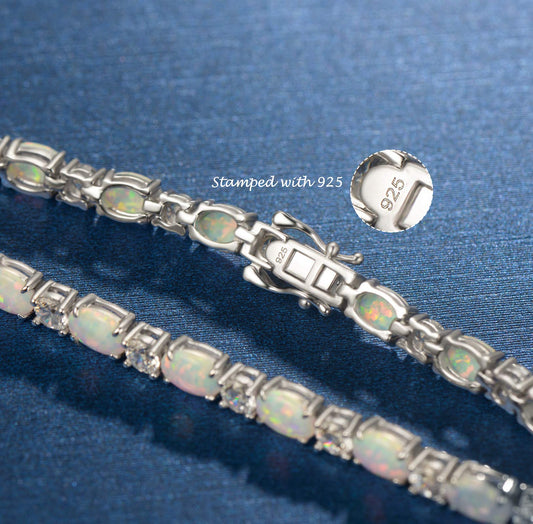 FANCIME Sterling Silver Fire Opal Tennis Bracelet October Birthstone Bracelets Oval Gemstone Dainty Fine Jewelry for Women 7"