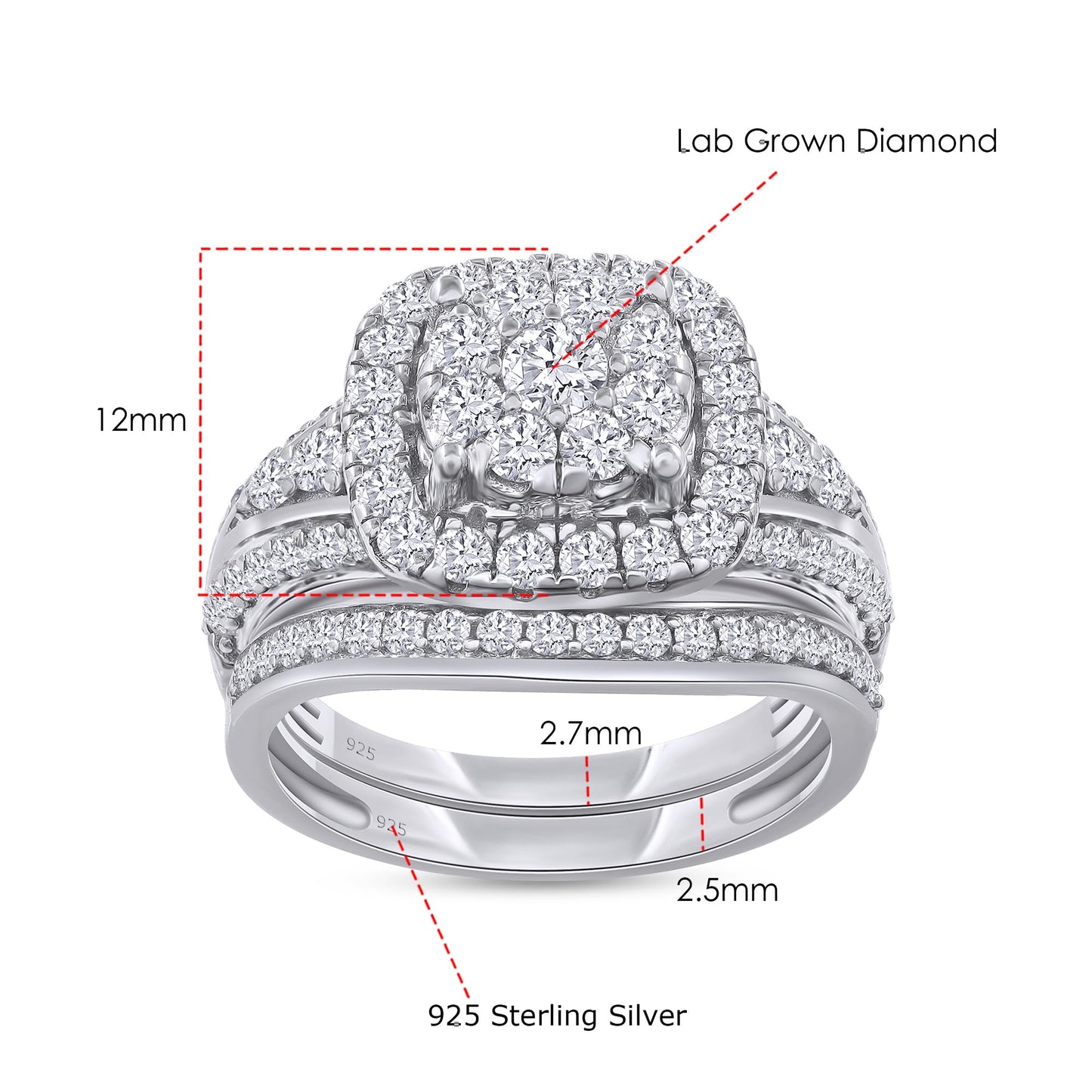 Double Halo Round Lab Grown Diamond Bridal Engagement Ring Set In 14k White Gold Plated Sterling Silver