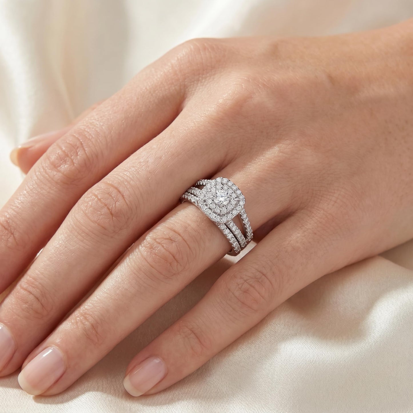 Pompeii 1 1/10ct Cushion Halo Diamond Engagement Wedding Ring Set 10K White Gold Carat - Size 9.5