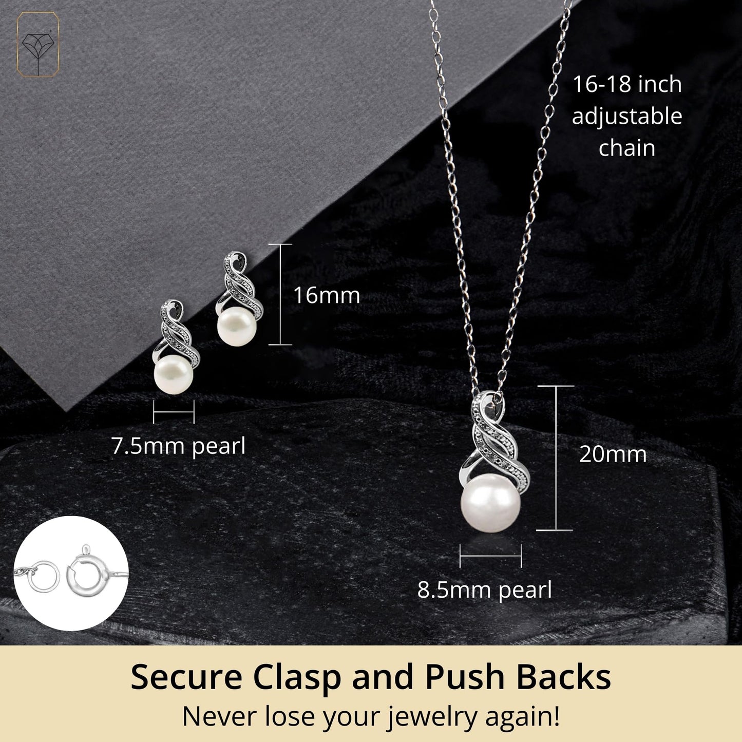 MAX + STONE 925 Sterling Silver Freshwater Cultured Pearl & Diamond Jewelry Set