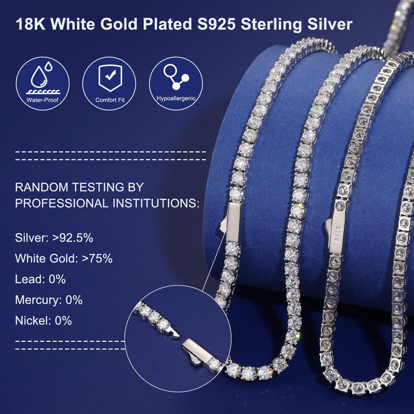 TUHE D Color VVS1 Moissanite Tennis Necklace (13.9CT - 18 Inch)