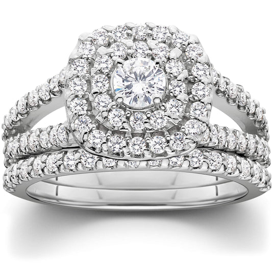 Pompeii 1 1/10ct Cushion Halo Diamond Engagement Wedding Ring Set 10K White Gold Carat - Size 9.5