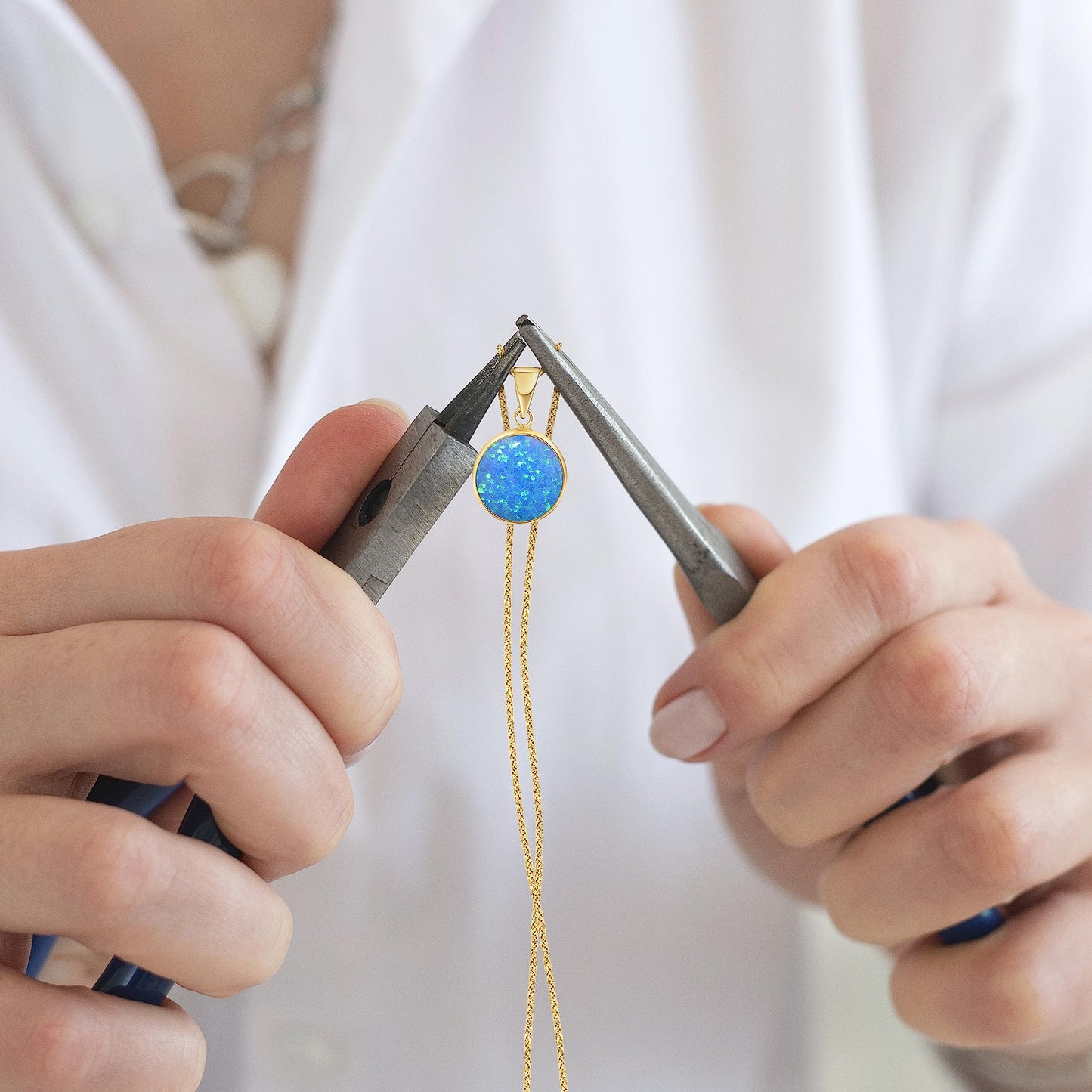 14K Solid Gold Blue Opal Necklace - Elegant Wedding Gift for Her