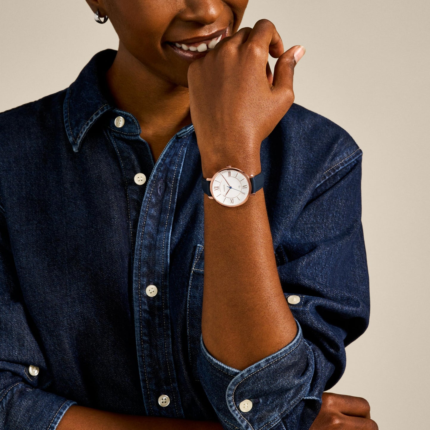 Fossil Women's Jacqueline Quartz Stainless Steel and Leather Watch, Rose Gold/Navy – Fossil Watches for Women